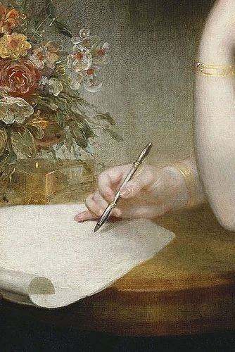 Eloquent hand in motion — writing beautiful words to describe a lady.